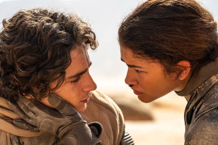 Timothée Chalamet and Zendaya as characters in close-up, looking intently at each other, in a desert setting