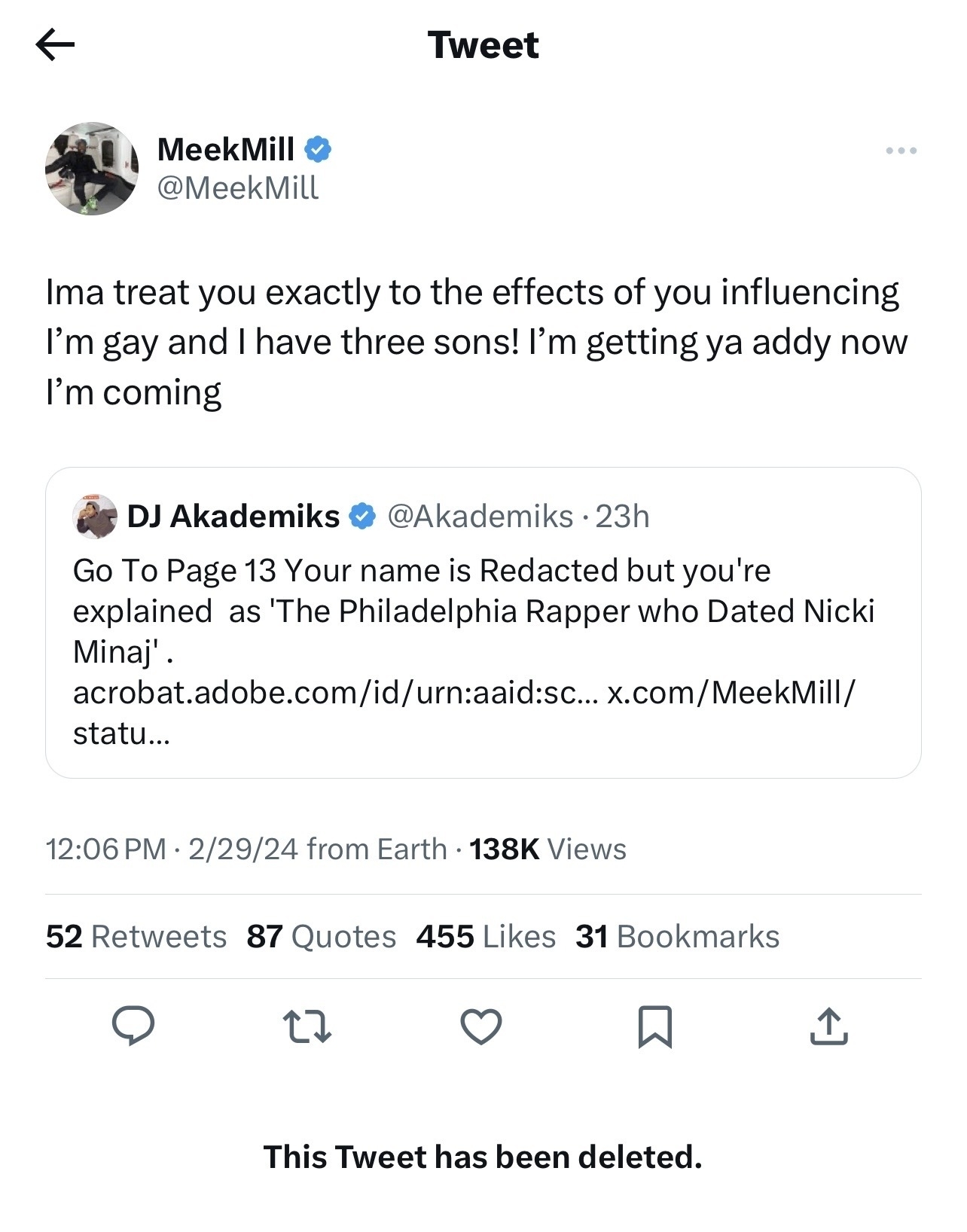A screenshot of a tweet from Meek Mill joking about his sexual orientation and children, with a reply from DJ Akademiks. The tweet has been deleted