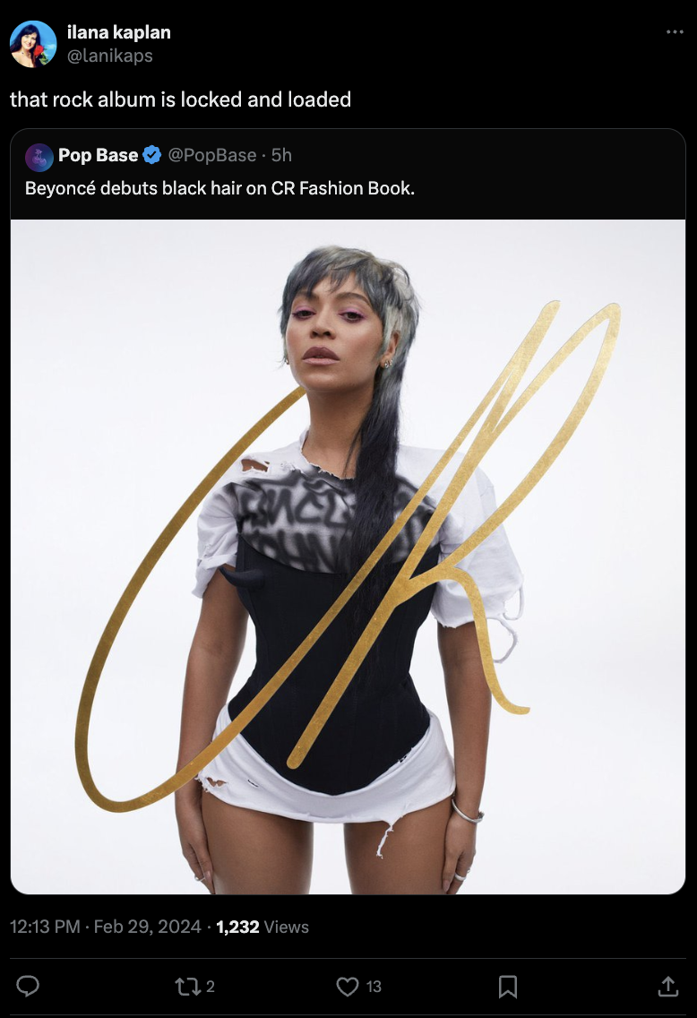 Beyoncé in a monochrome outfit with long black hair for CR Fashion Book