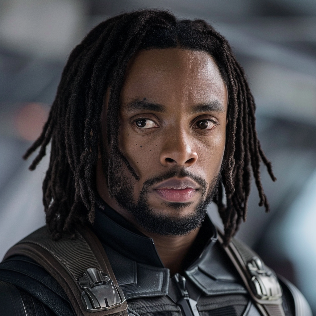 Close-up of character Black Bucky Barnes in tactical gear from the series