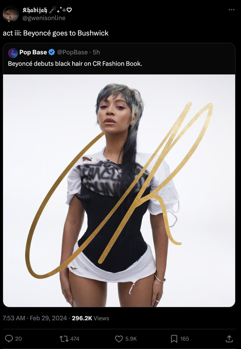 Photo of Beyoncé debuting black hair, featured in CR Fashion Book, wearing a mixed fabric top