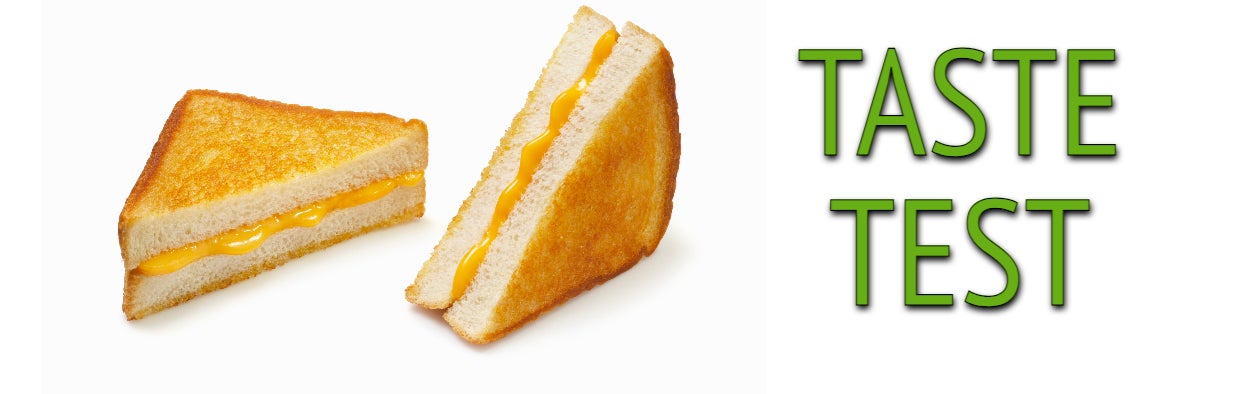 Grilled cheese sandwich beside text &quot;TASTE TEST&quot;