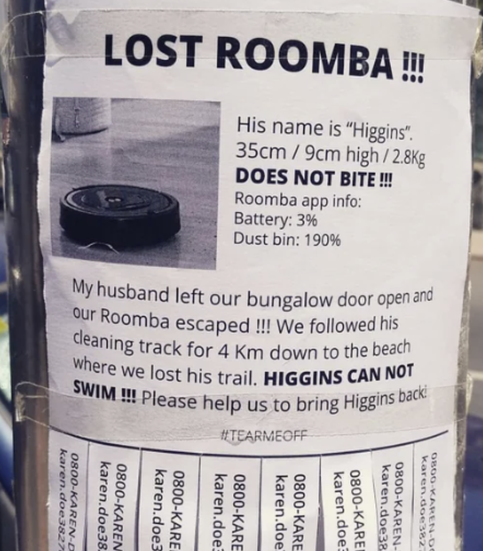Poster for a lost Roomba with humorous missing pet-style details, asking for its return