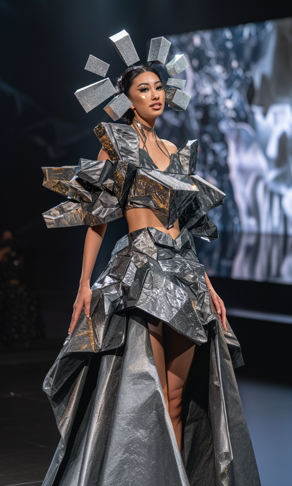 Model on runway in a structured, geometric metallic outfit with an elaborate headdress