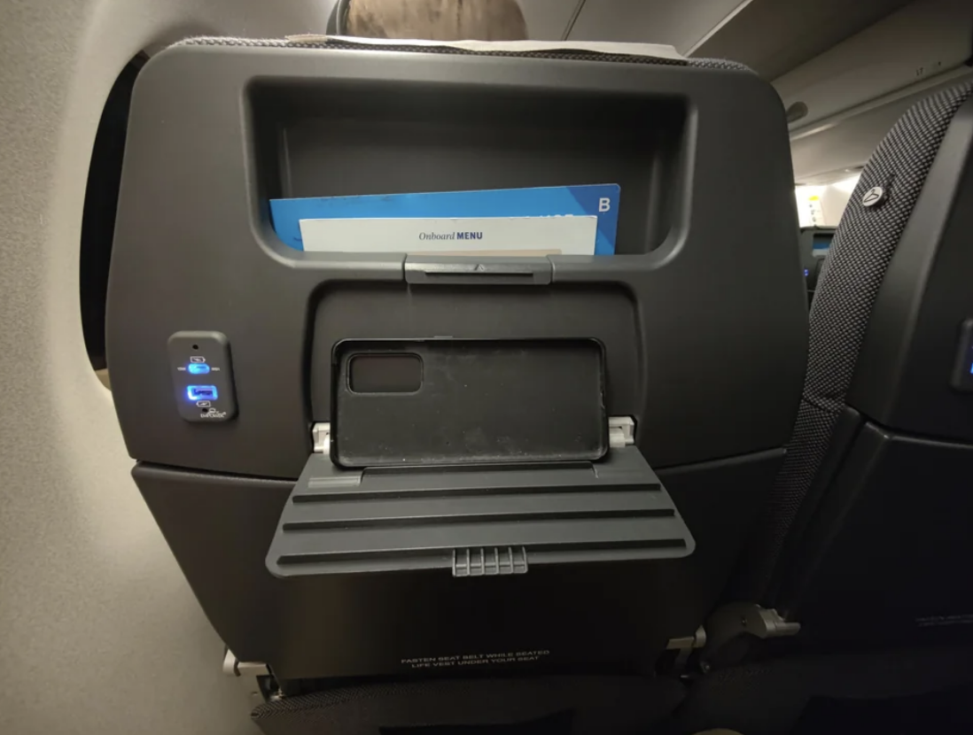 Airplane seat back with tray table closed and literature pocket containing a menu