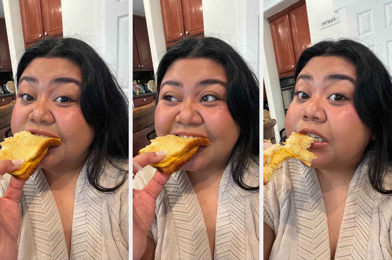 Three sequential photos of the author biting into a grilled cheese