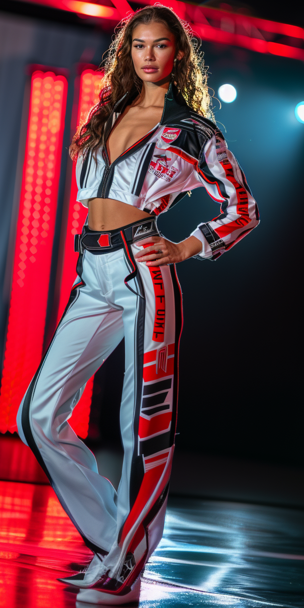 Woman in a sporty white and black racing-style jacket and pants with red accents posing confidently