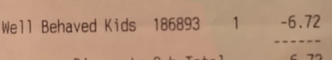 Receipt showing a discount line item for &quot;Well Behaved Kids,&quot; with a total savings of $5.72