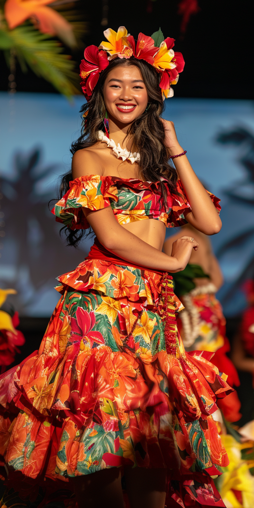 Woman in vibrant tropical print outfit with floral headpiece smiles on runway