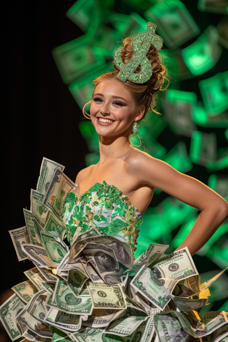 Woman in money-themed costume with dollar bill dress and large dollar sign headpiece