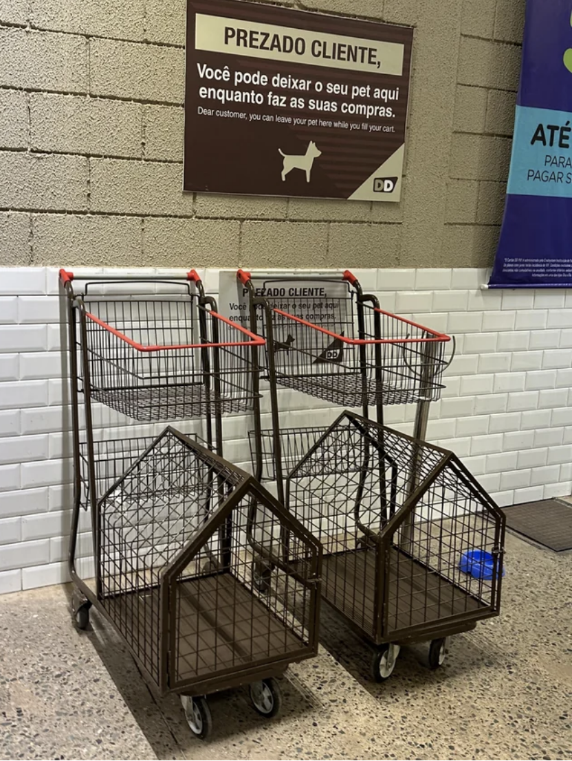 Sign above pet-friendly shopping carts indicating a place for pets while shopping. Carts have enclosed sections for animals