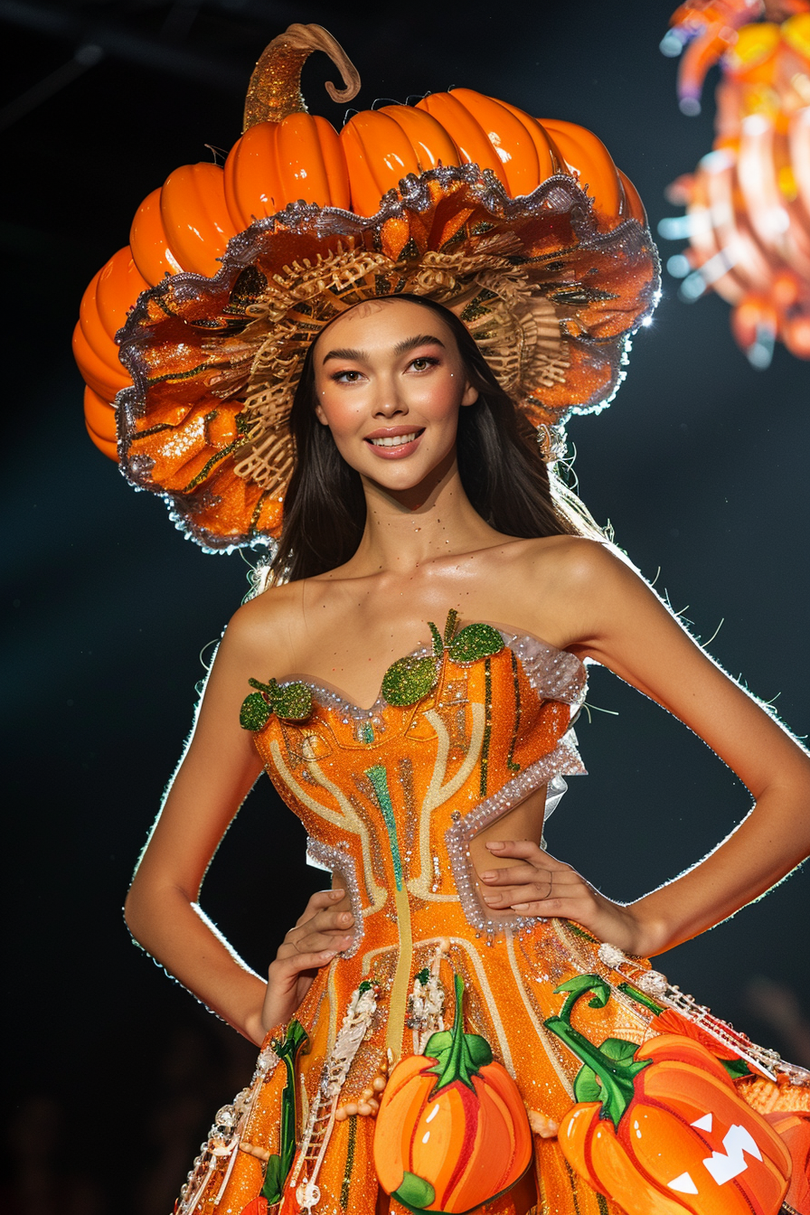 Woman in pumpkin-themed attire with elaborate headpiece at an event