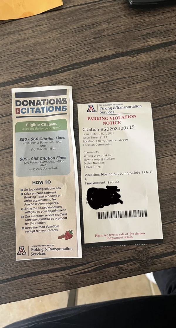 Two parking citations with violation details visible, one labeled &#x27;Donations &amp;amp; Citations&#x27;, the other from a university