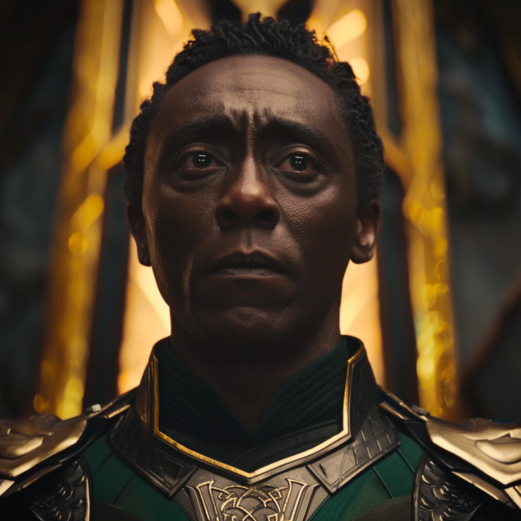 Black Loki in ornate armor looking solemn
