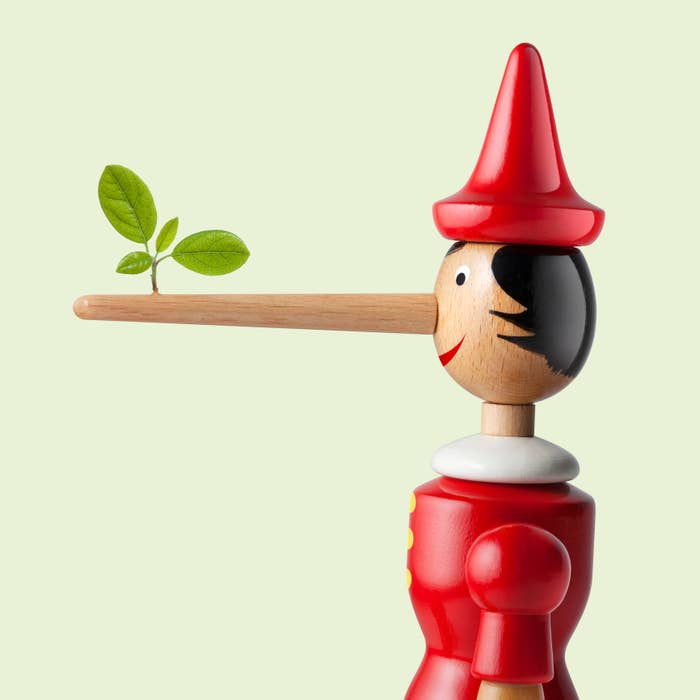 Pinocchio figurine with a long nose, sporting a sprout at the tip