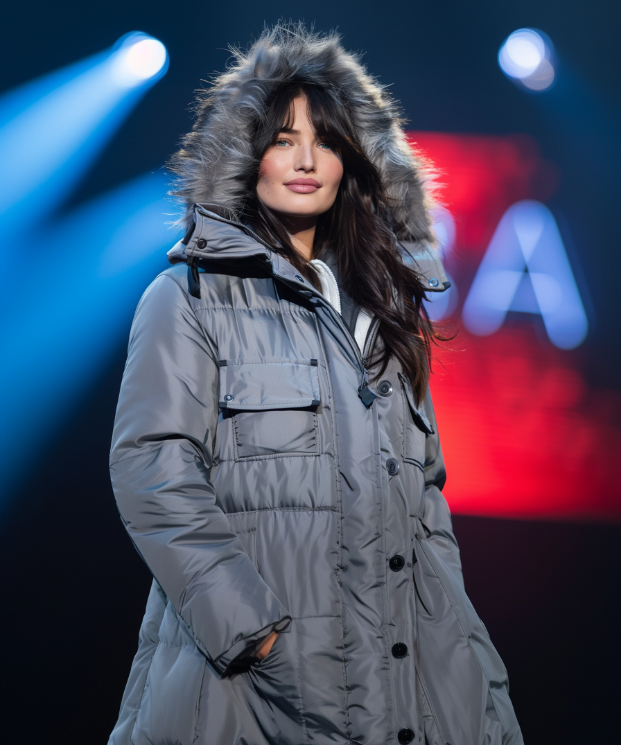 Woman in winter coat with fur-lined hood on a lit stage; expression focused