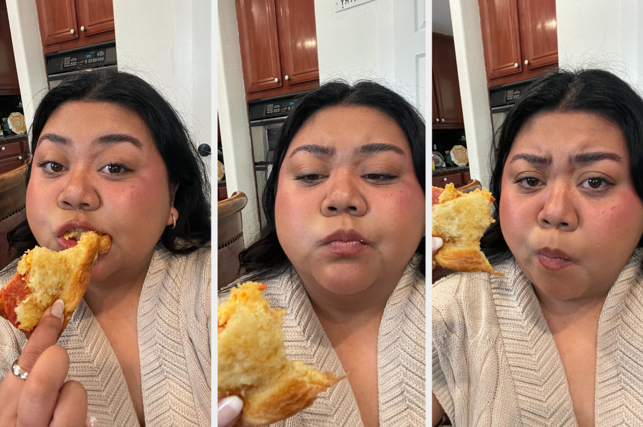 Three-panel image of the writer eating a piece of bread and not looking too happy, showing different stages of a bite