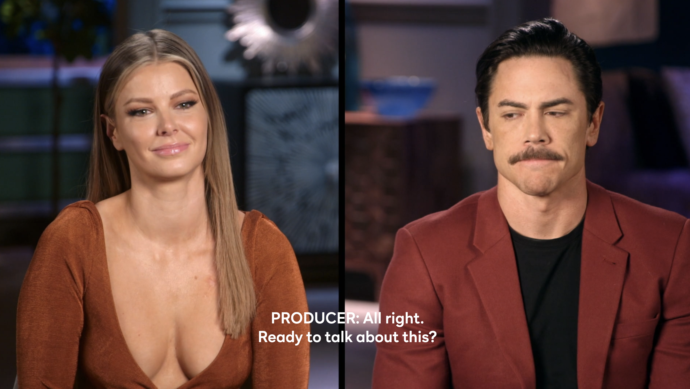 Ariana Madix and Tom Sandoval in interview setting with subtitle text: &quot;PRODUCER: All right. Ready to talk about this?&quot;