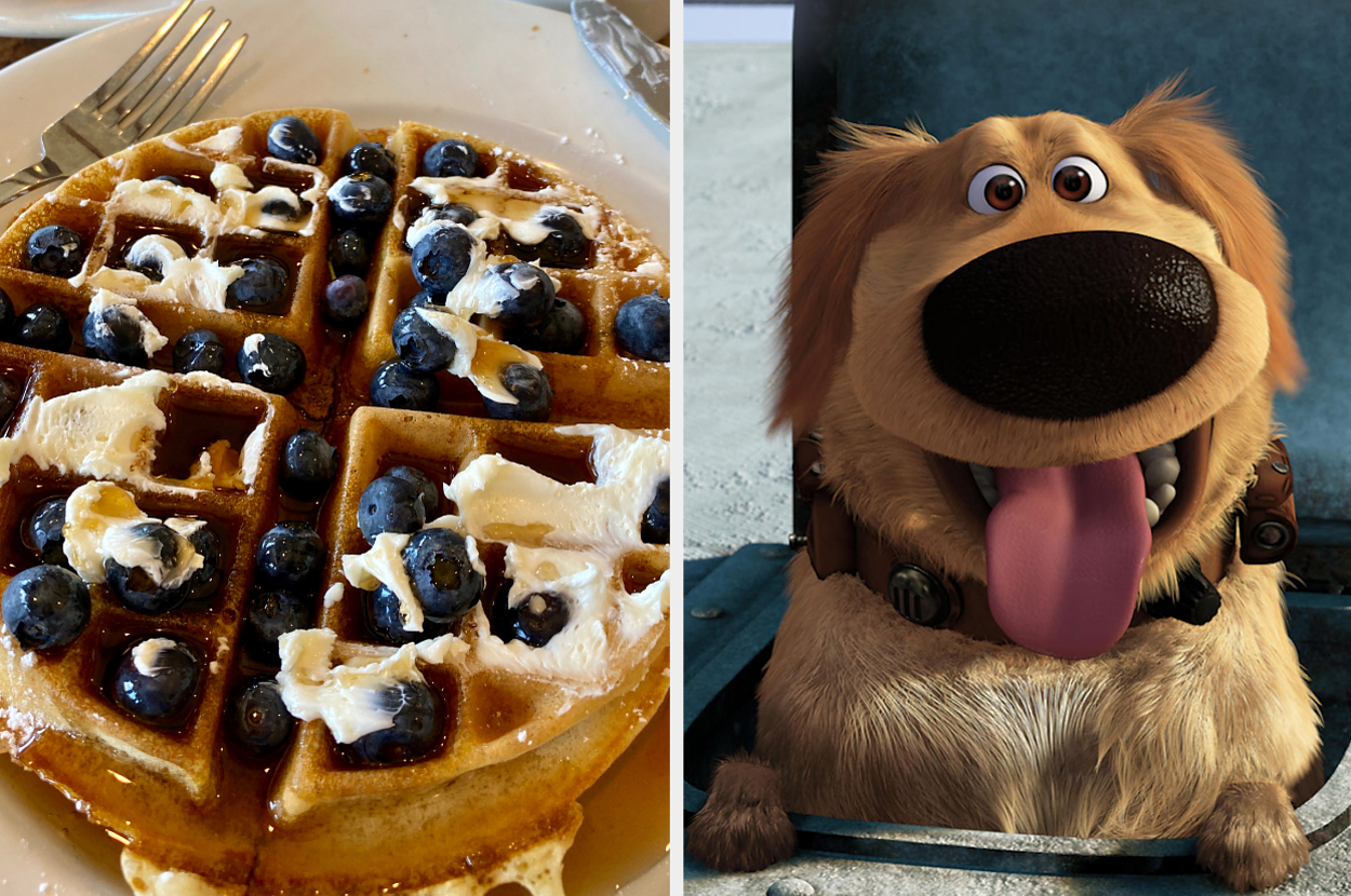 On the left, a waffle topped with butter, syrup, and blueberries, and on the right, Dug from Up with his tongue hanging out of his mouth