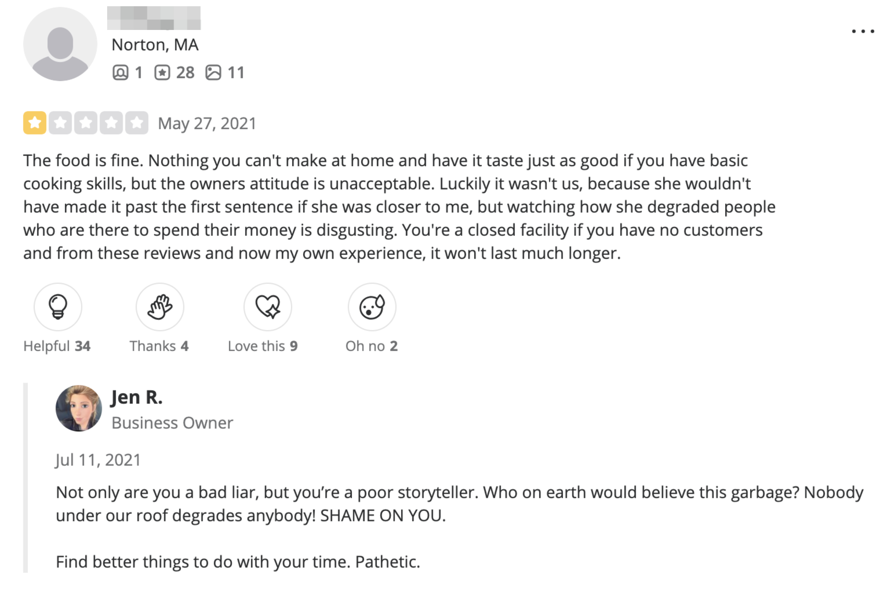 A 1 star review for Table from May 2021 that states the owner&#x27;s attitude was &quot;unacceptable&quot; and she degraded customers, with a response from Jen calling the reviewer a &quot;bad liar&quot; and &quot;poor storyteller&quot;