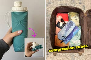 a collapsible water bottle that folds down / compression cubes used in a suitcase