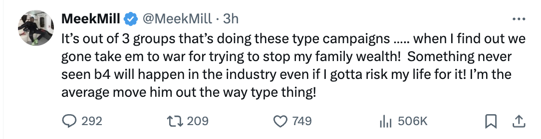 Tweet from Meek Mill expressing frustration about unspecified groups interfering with his family, hinting at taking serious action in response