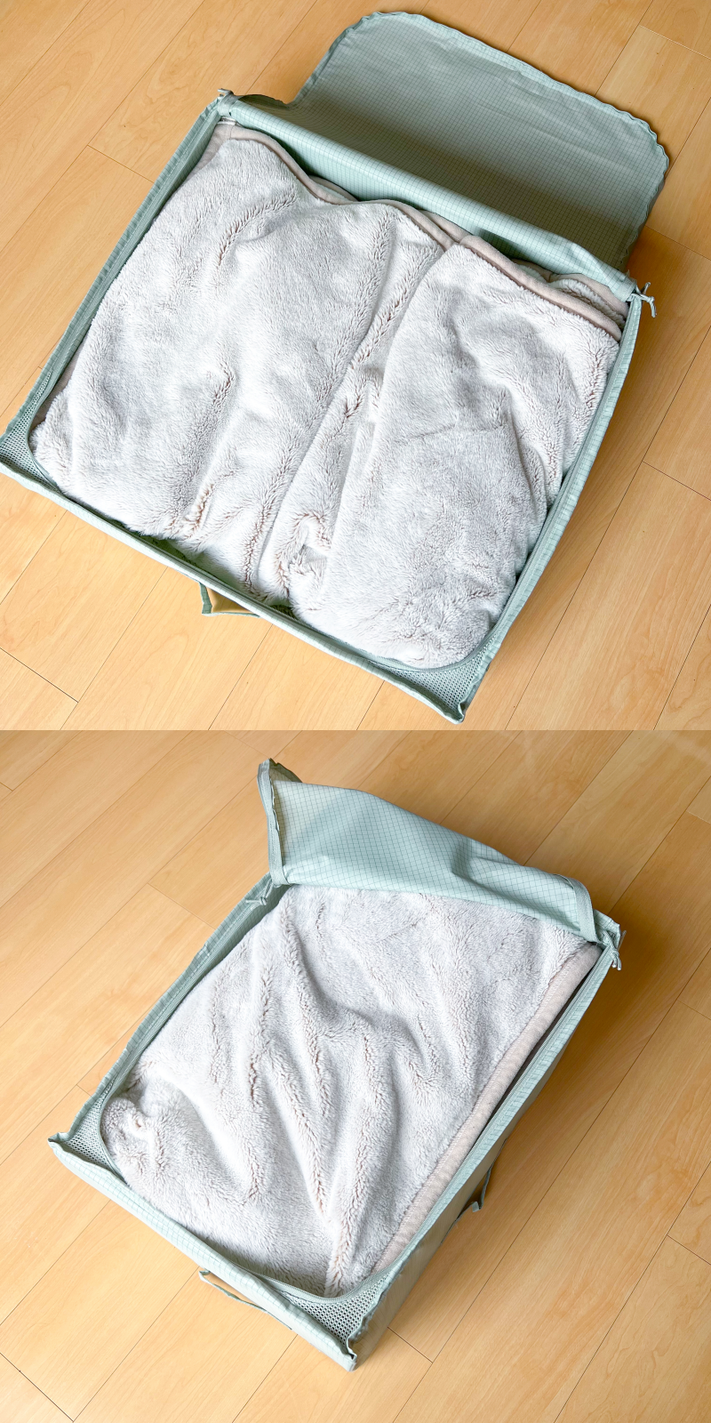 二枚の写真には、畳まれたタオルが入った開いたスーツケースが床に置かれています。