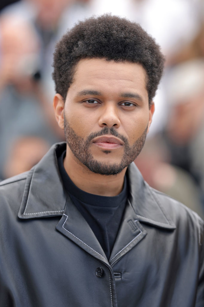 The Weeknd wearing a leather jacket, facing the camera