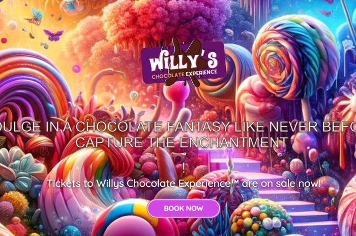 Advertisement for Willy&#x27;s Chocolate Experience, with whimsical candy-themed graphics and info on ticket sales
