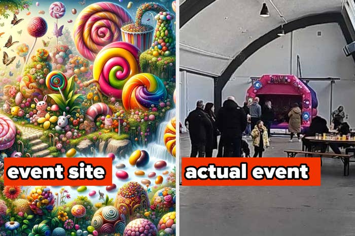 Left: Illustration of a colorful candy-themed design. Right: People gathered at a modest, less colorful event with an inflatable arch