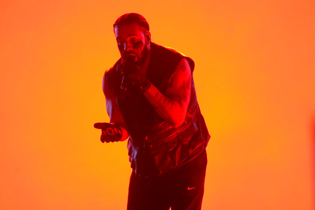Closeup of Drake performing onstage