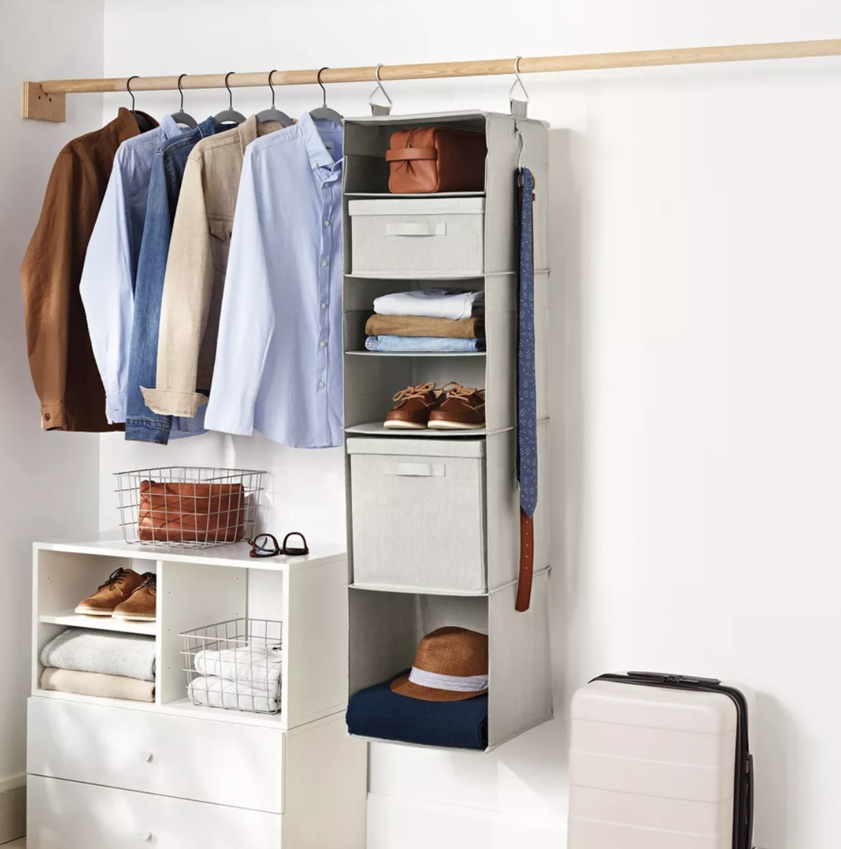 A hanging closet organizer
