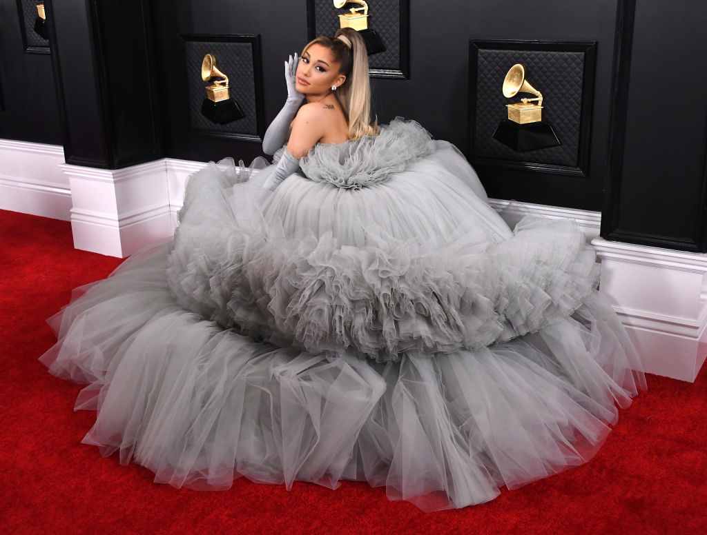 Ariana Grande on the red carpet in a huge ruffled dress