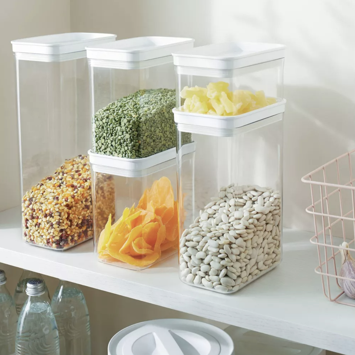 A set of five airtight food storage canisters