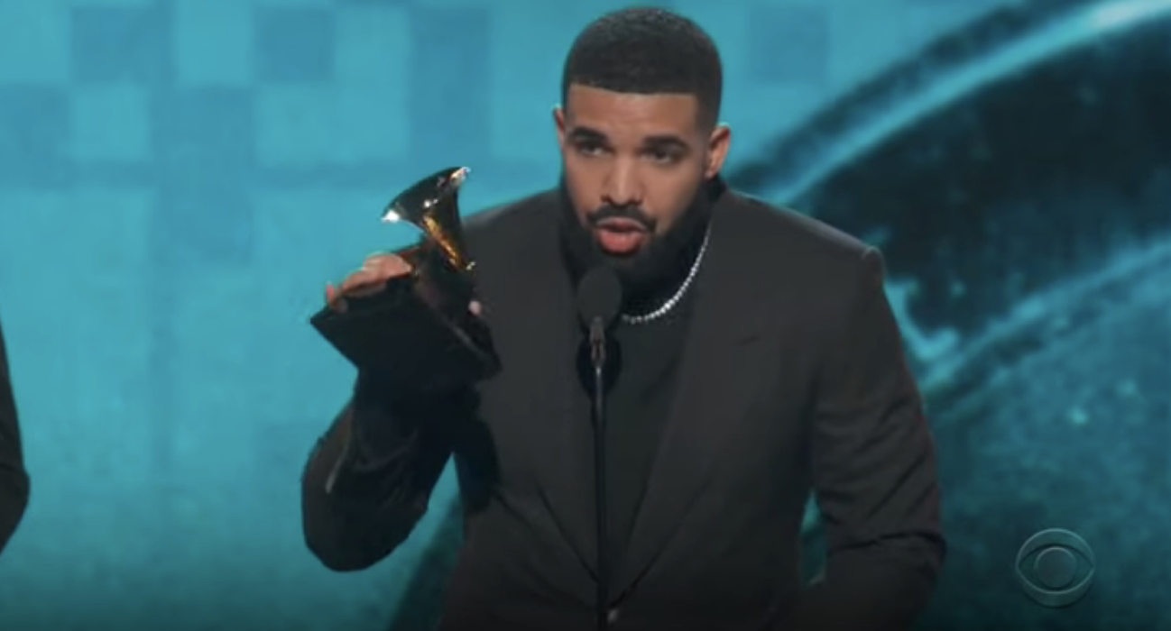 Drake accepting his Grammy