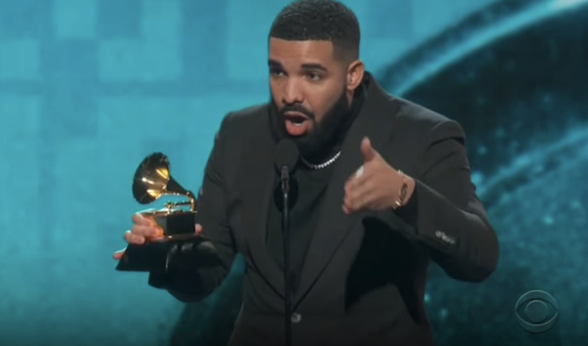 Closeup of Drake accepting his Grammy