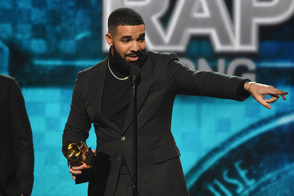 Closeup of Drake accepting his Grammy