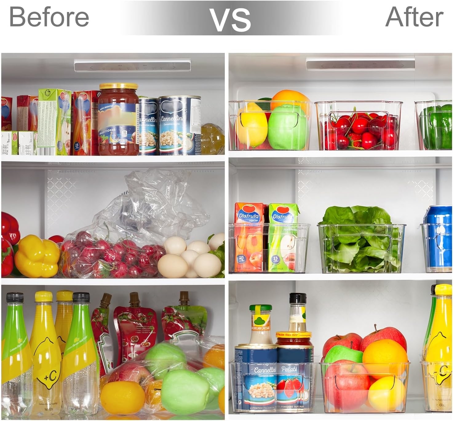 left: before image showing cluttered fridge with no organization / right: after image of organized fridge with clear drawers and more space