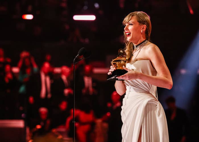 Closeup of Taylor Swift accepting her Grammy