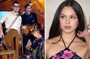 Jack Antonoff and Taylor Swift pose with instruments vs Olivia Rodrigo flips her hair