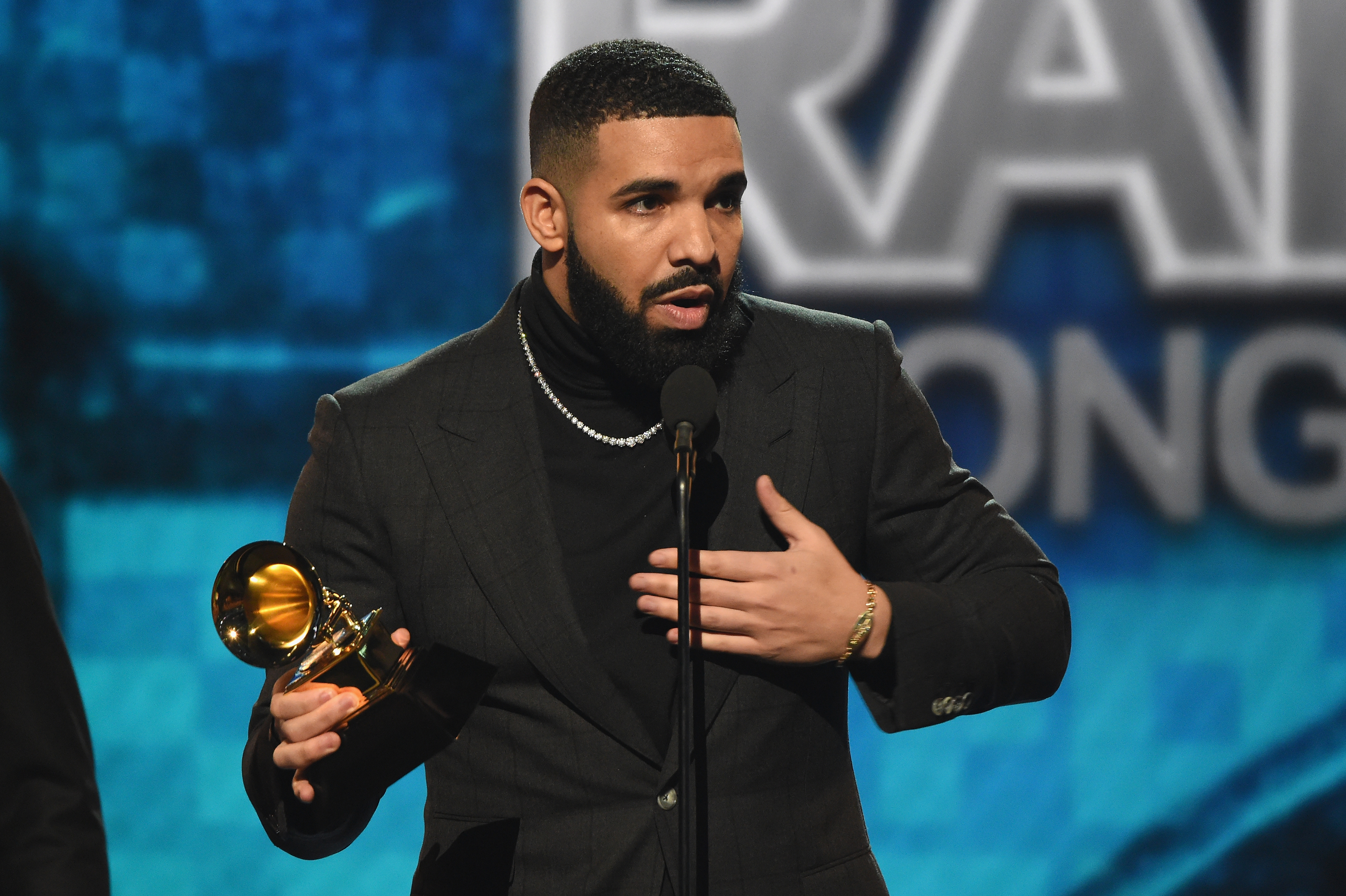 Closeup of Drake accepting at Grammy