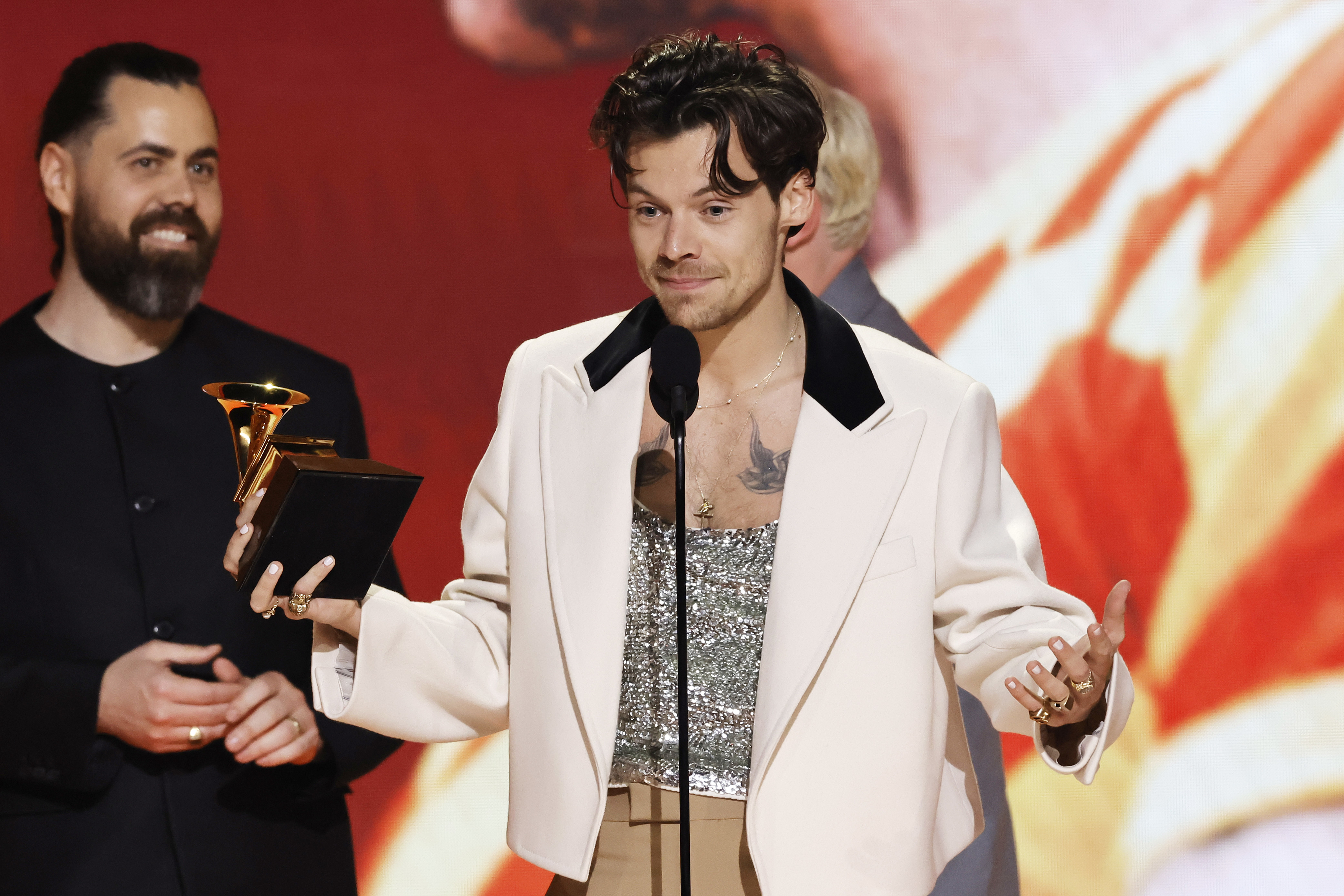 Harry Styles accepting his Grammy