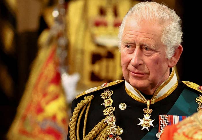 Close-up of King Charles in his royal uniform