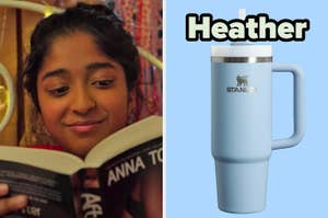 On the left, Devi from Never Have I Ever reading a book in bed, and on the right, a Stanley cup labeled Heather
