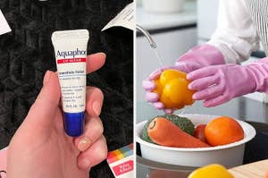 on left: reviewer holding tube of Aquaphor lip repair ointment. on right: model wearing pink gloves while washing fruit over sink