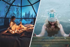 A woman in a glass igloo looking at the Northern Lights and a woman doing a polar plunge.