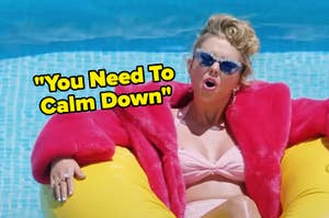 Taylor Swift sitting on a pool floaty in a pink, fur jacket with sunglasses on from her "You Need To Calm Down" music video.