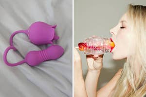 reviewer's purple dual-stimulating rose vibrator on bedsheets and model eating popsicle out of transparent open-ended stroker