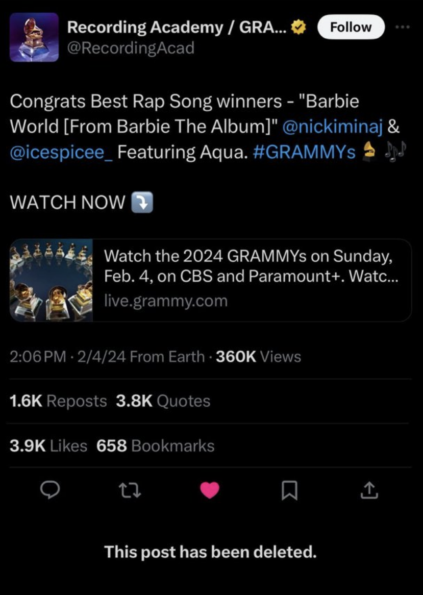 Tweet from the Recording Academy congratulating Nicki for winning a Best Rap Song Grammy for &quot;Barbie World&quot;