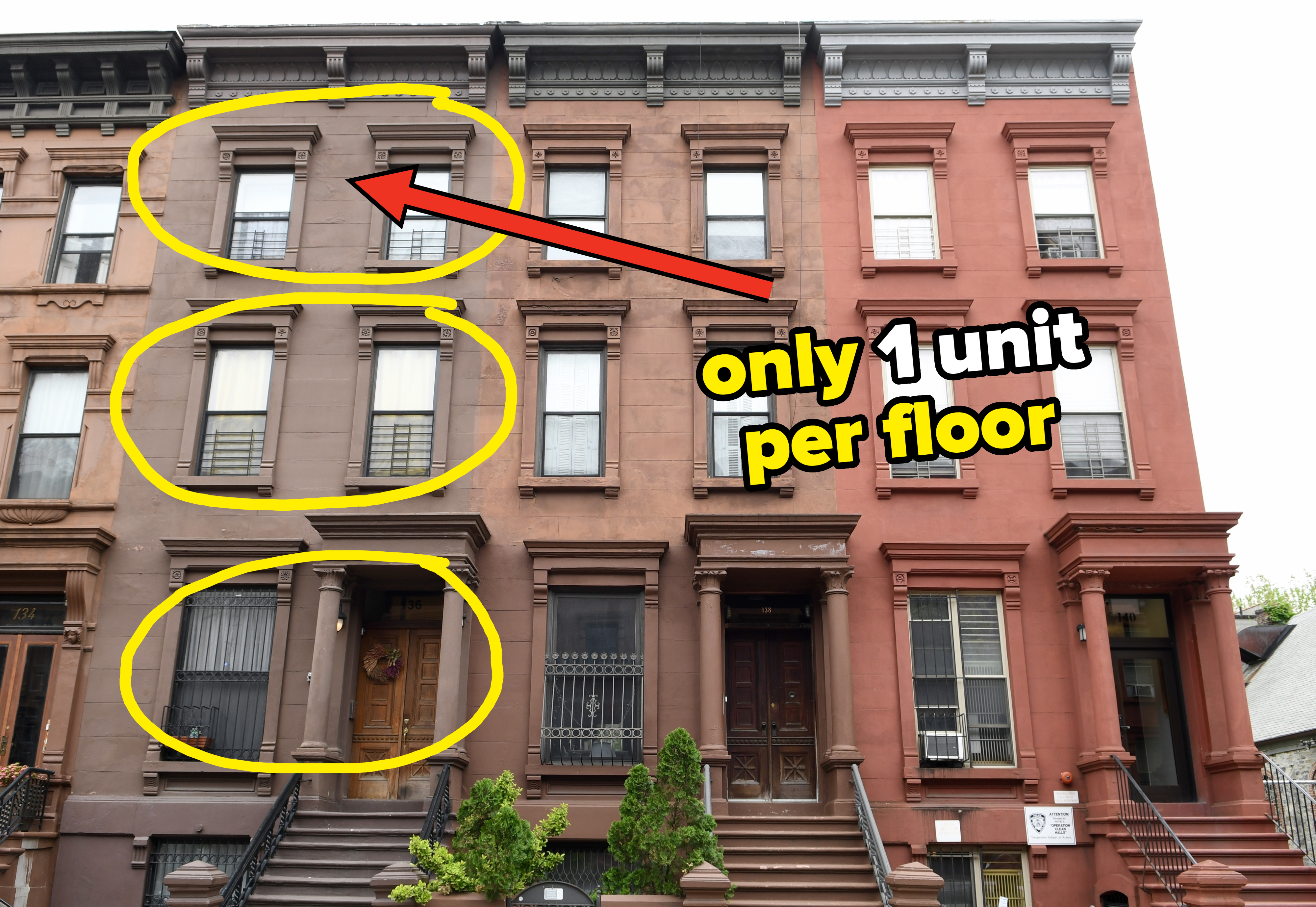 Brownstone buildings, usually with one unit per floor